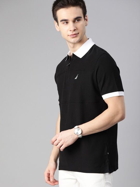 Nautica Men Black Solid Polo Collar Pure Cotton T-shirt