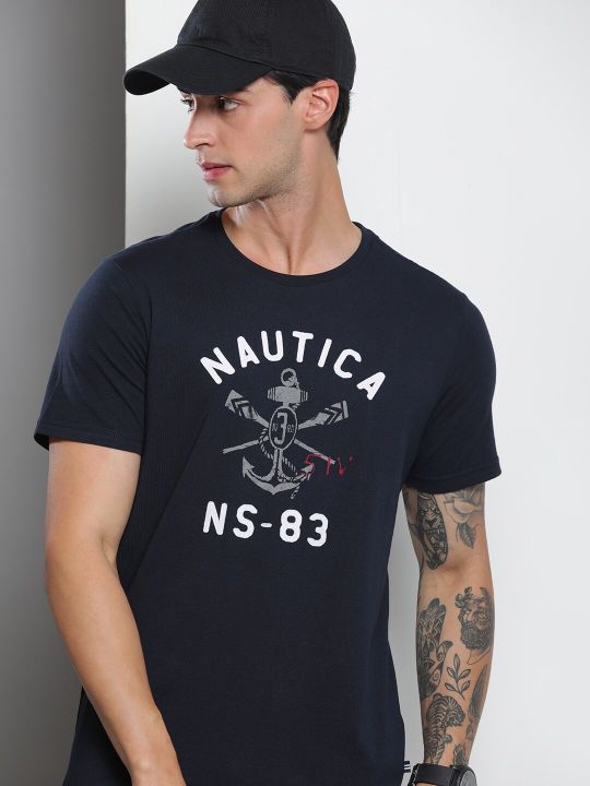 Nautica Men Brand Logo Printed Round Neck Pure Cotton T-shirt