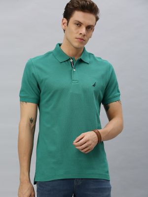 Nautica Men Green Solid Polo Collar Pure Cotton Slim Fit T-shirt