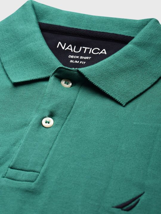 Nautica Men Green Solid Polo Collar Pure Cotton Slim Fit T-shirt