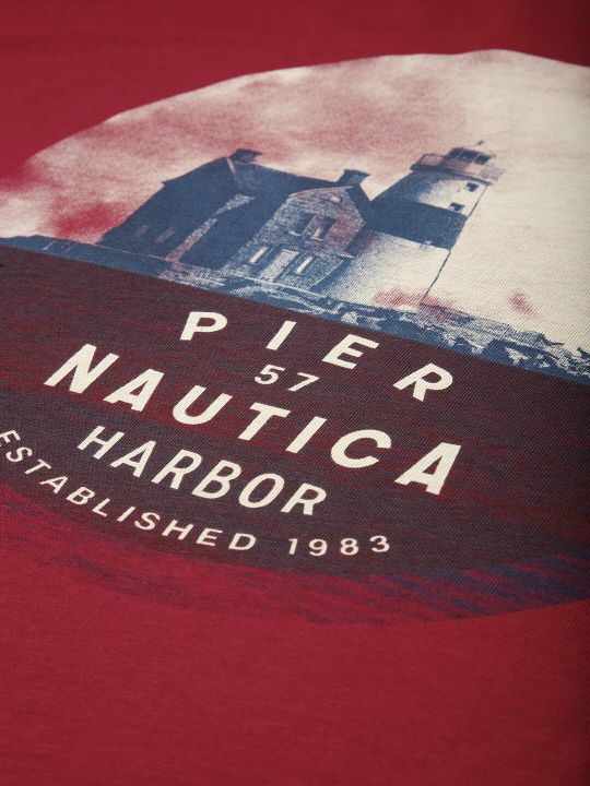 Nautica Men Maroon Graphic Print Round Neck Pure Cotton T-shirt