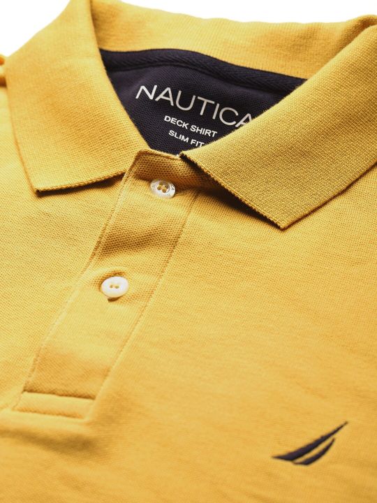 Nautica Men Mustard Yellow Solid Polo Collar Embroidered Pure Cotton Slim Fit T-shirt