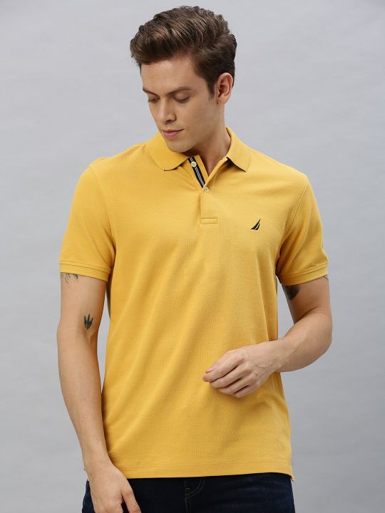 Nautica Men Mustard Yellow Solid Polo Collar Embroidered Pure Cotton Slim Fit T-shirt