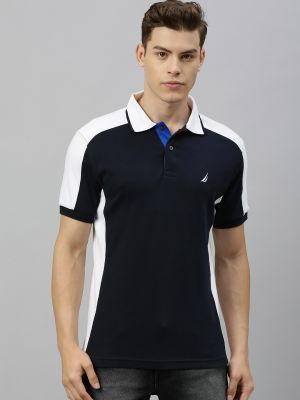 Nautica Men Navy Blue Solid Polo Collar Pure Cotton T-shirt