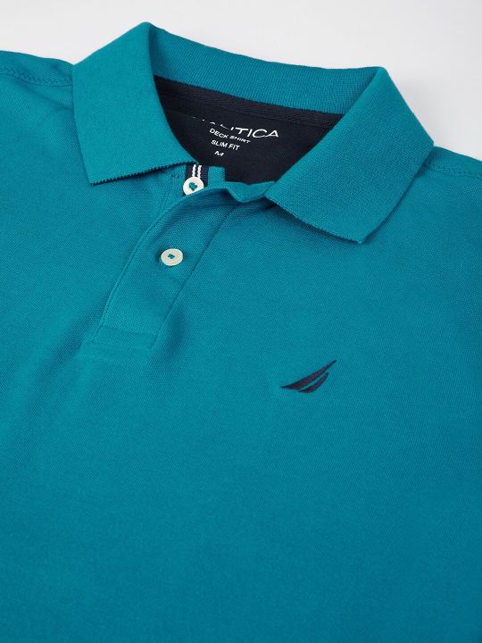 Nautica Men Teal Blue Solid Polo Collar Pure Cotton T-shirt