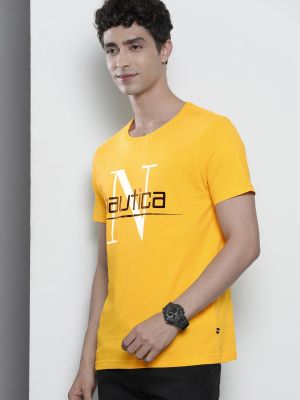 Nautica Men Yellow Black Printed Pure Cotton T-shirt