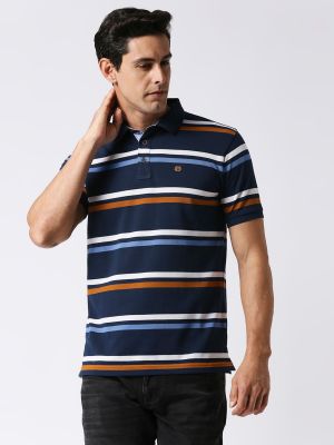 Navy Blue Pique Striped Polo T-shirt (Dragon Hill)