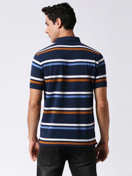 Navy Blue Pique Striped Polo T-shirt (Dragon Hill)