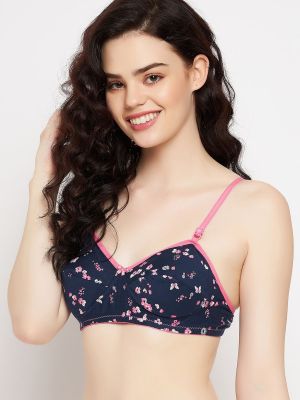 Non-Padded Non-Wired Full Cup Floral Print Balconette Bra in Navy - Cotton