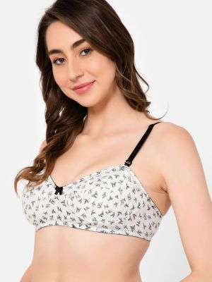Non-Padded Non-Wired Full Cup Leaf Print Balconette Bra in White - Cotton