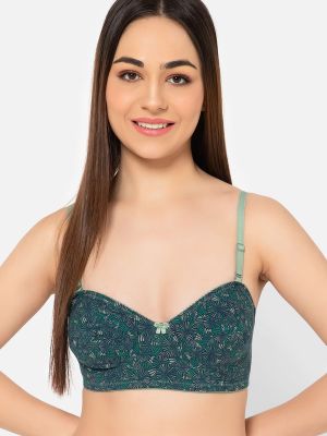 Non-Padded Non-Wired Full Cup Printed Multiway Balconette Bra in Dark Green - Cotton