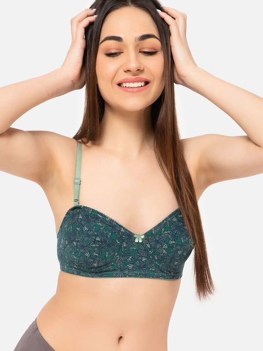 Non-Padded Non-Wired Full Cup Printed Multiway Balconette Bra in Dark Green - Cotton
