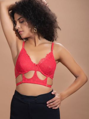 Non-Padded Underwired Demi Cup Longline Bralette in Red - Lace