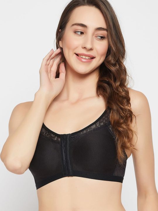 Non-Wired Lightly Padded Spacer Cup Easy-On Full Figure Front Open Bra in Black - Cotton Rich