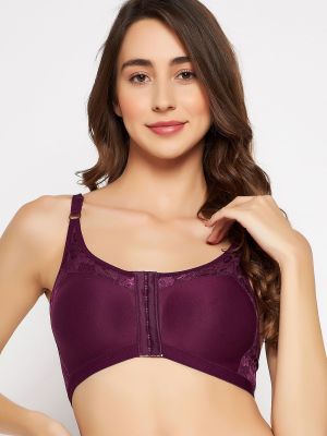 Non-Wired Lightly Padded Spacer Cup Easy-On Full Figure Front Open Bra in Wine Colour - Cotton Rich
