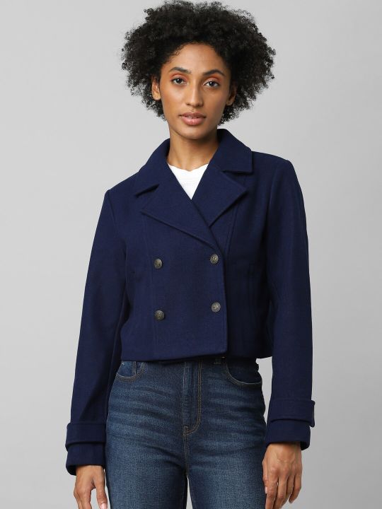 ONLY Women Blue Solid Double-Breasted Cropped Blazer