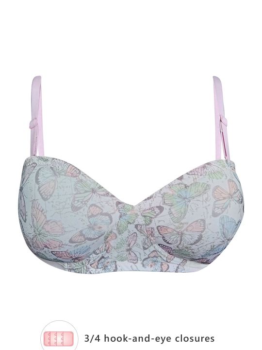 Padded Non-Wired Demi Cup Butterfly Print Strapless T-shirt Bra in White with Balconette Style