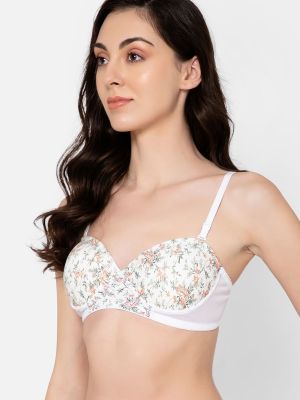 Padded Non-Wired Demi Cup Floral Print Strapless Balconette Bra in White