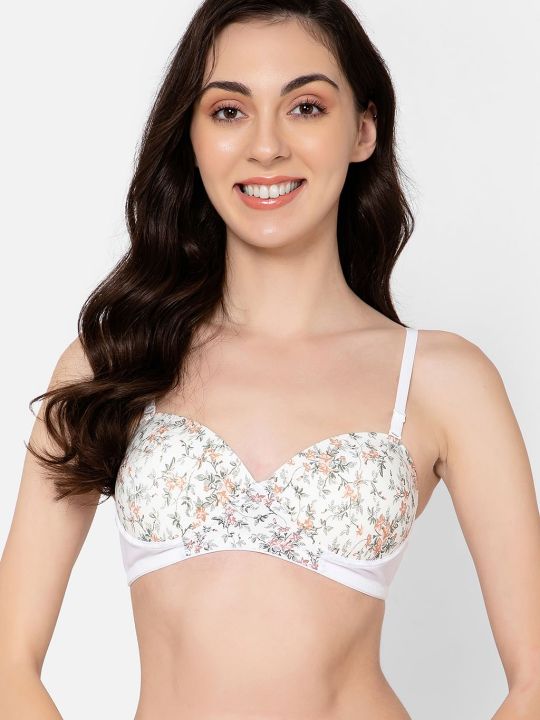 Padded Non-Wired Demi Cup Floral Print Strapless Balconette Bra in White