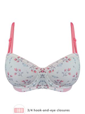 Padded Non-Wired Demi Cup Floral Print Strapless T-shirt Bra in White with Balconette Style