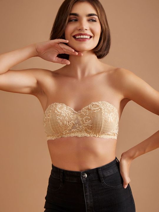Padded Non-Wired Demi Cup Multiway Balconette Bra in Cream Colour - Lace