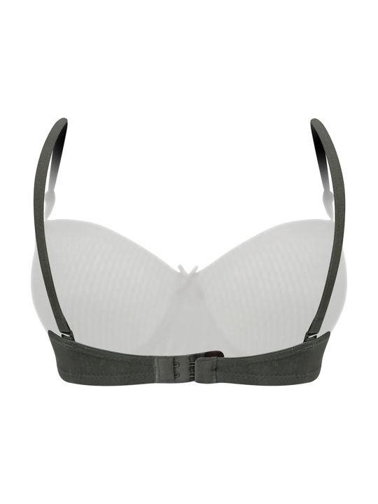 Padded Non-Wired Demi Cup Multiway Strapless Balconette Bra in Dark Grey - Lace