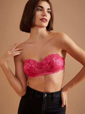 Padded Non-Wired Demi Cup Strapless Balconette Bra in Hot Pink - Lace