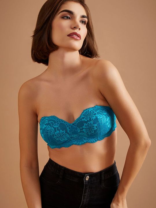 Padded Non-Wired Demi Cup Strapless Balconette Bra in Turquoise Blue