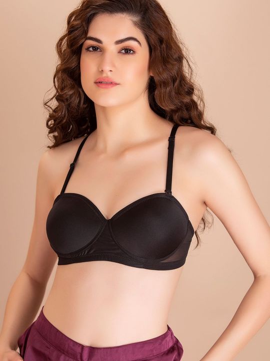 Padded Non-Wired Demi Cup Strapless T-shirt Bra in Black in Balconette Style