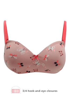 Padded Non-Wired Full Cup Butterfly Multiway Strapless Bra in Dusty Pink with Balconette Style - Cotton & Lace