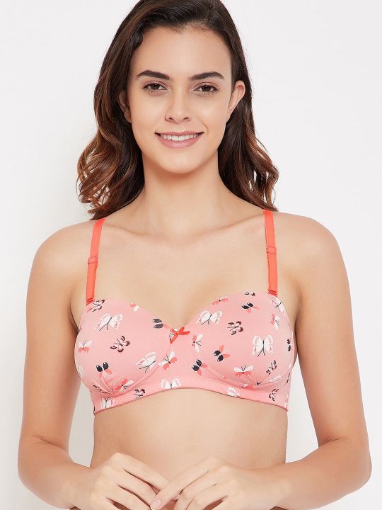 Padded Non-Wired Full Cup Butterfly Multiway Strapless Bra in Dusty Pink with Balconette Style - Cotton & Lace