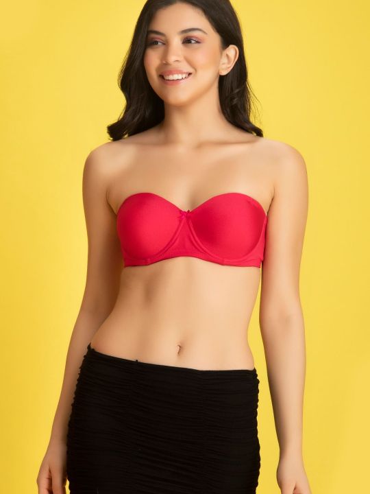 Padded Underwired Demi Cup Balconette Strapless Bra in Dark Pink with Detachable Straps