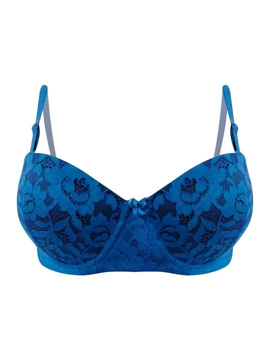 Padded Underwired Demi Cup Floral Patterned Multiway Strapless Balconette Bra in Royal Blue