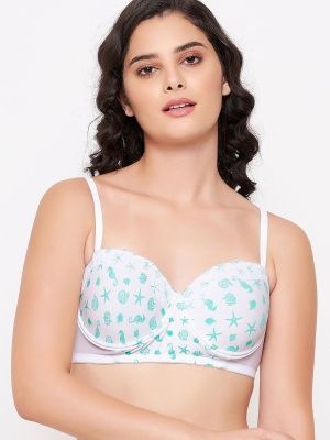 Padded Underwired Demi Cup Printed Multiway Strapless Bra in White - Cotton