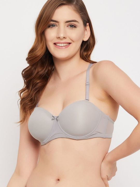 Padded Underwired Demi Cup Strapless Balconette Bra in Light Grey