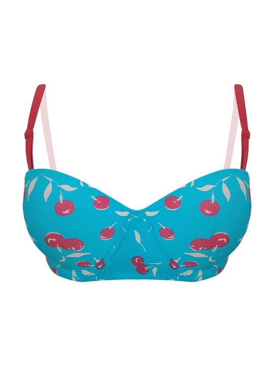 Padded Underwired Full Cup Cherry Print Balconette T-shirt Bra in Sky Blue