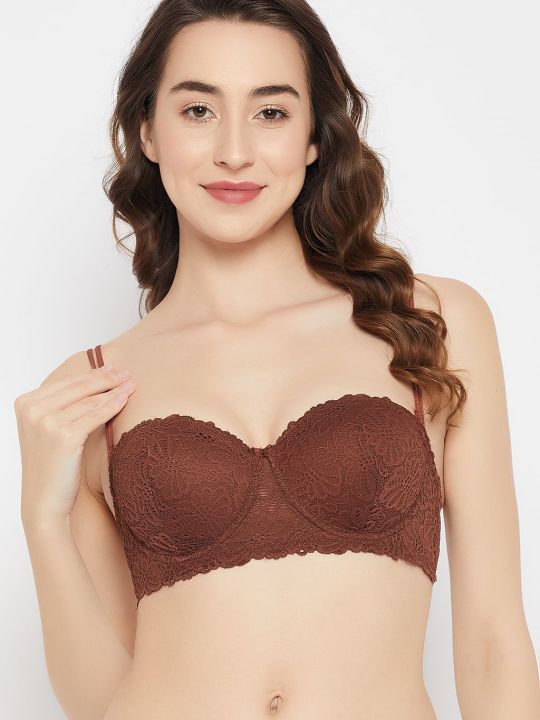 Padded Underwired Full Cup Multiway Strapless Balconette Bra in Brown - Lace