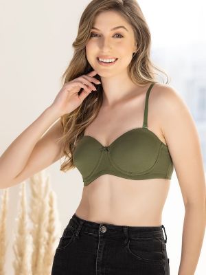 Padded Underwired Full Cup Multiway Strapless Balconette Bra in Olive Green - Cotton
