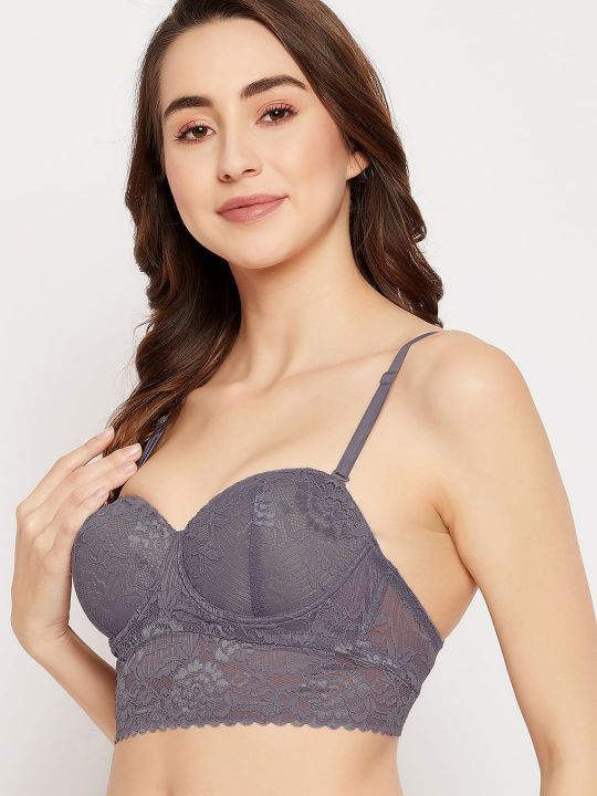 Padded Underwired Full Cup Multiway Strapless Balconette Bralette in Dark Grey - Lace