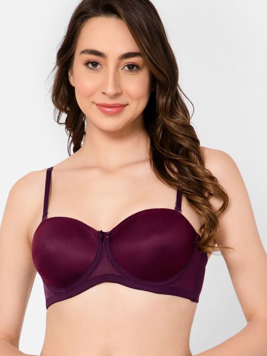 Padded Underwired Full Cup Multiway Strapless Balconette T-shirt Bra in Wine Colour