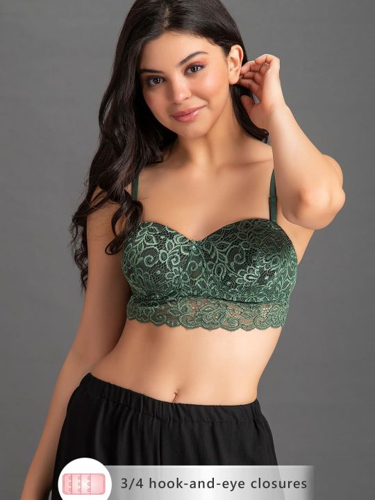 Padded Underwired Full Cup Multiway Strapless Bra in Bottle Green with Balconette Style - Lace