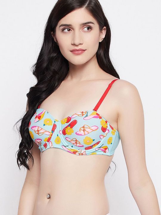 Padded Underwired Full Cup Printed Multiway Balconette Bra in Powder Blue