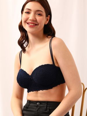 Padded Underwired Full Cup Self-Patterned Multiway Strapless Balconette Bra in Navy - Lace