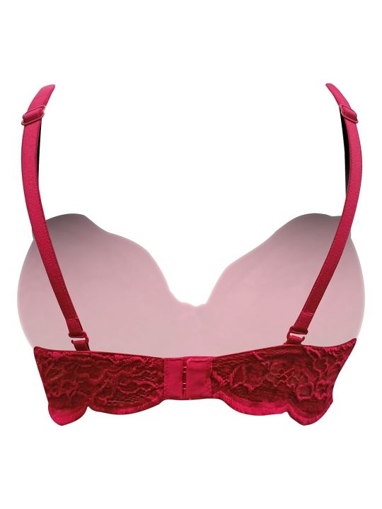 Padded Underwired Full Cup Self-Patterned Multiway Strapless Balconette Bra in Red - Lace