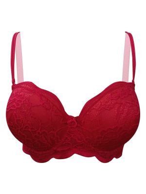 Padded Underwired Full Cup Self-Patterned Multiway Strapless Balconette Bra in Red - Lace