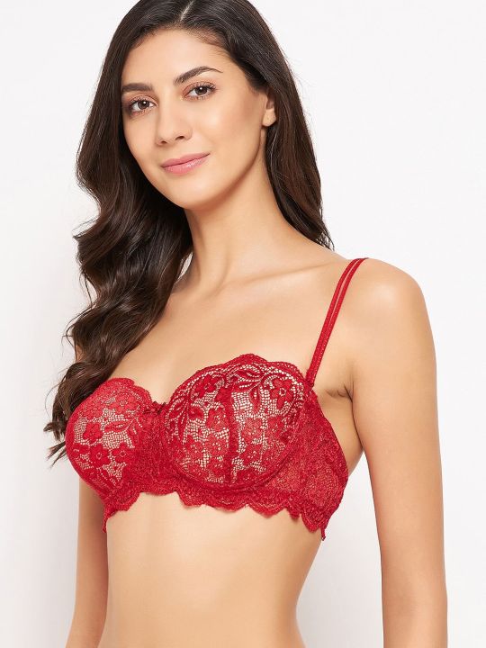 Padded Underwired Full Cup Strapless Balconette Bra in Maroon - Lace