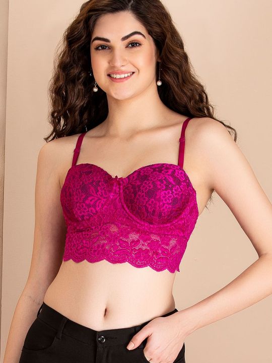 Padded Underwired Full Cup Strapless Bralette in Dark Pink with Detachable Straps - Lace