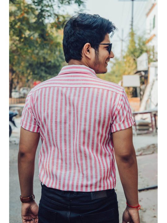 Pink and White Striped Cotton Linen Slim Fit Shirt (JAVINISHKA)