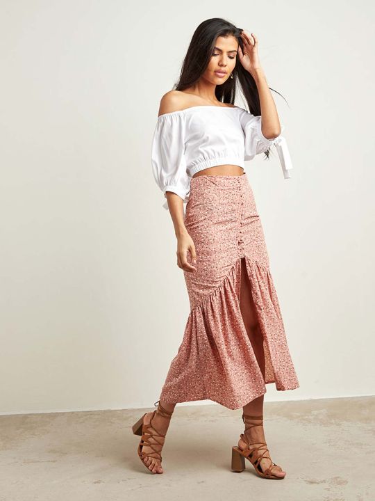 Pink Ditsy Print Maxi Skirt With Front Button Closure (Styli)