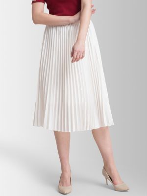 Pleated Flared Midi Skirt - White (FableStreet)